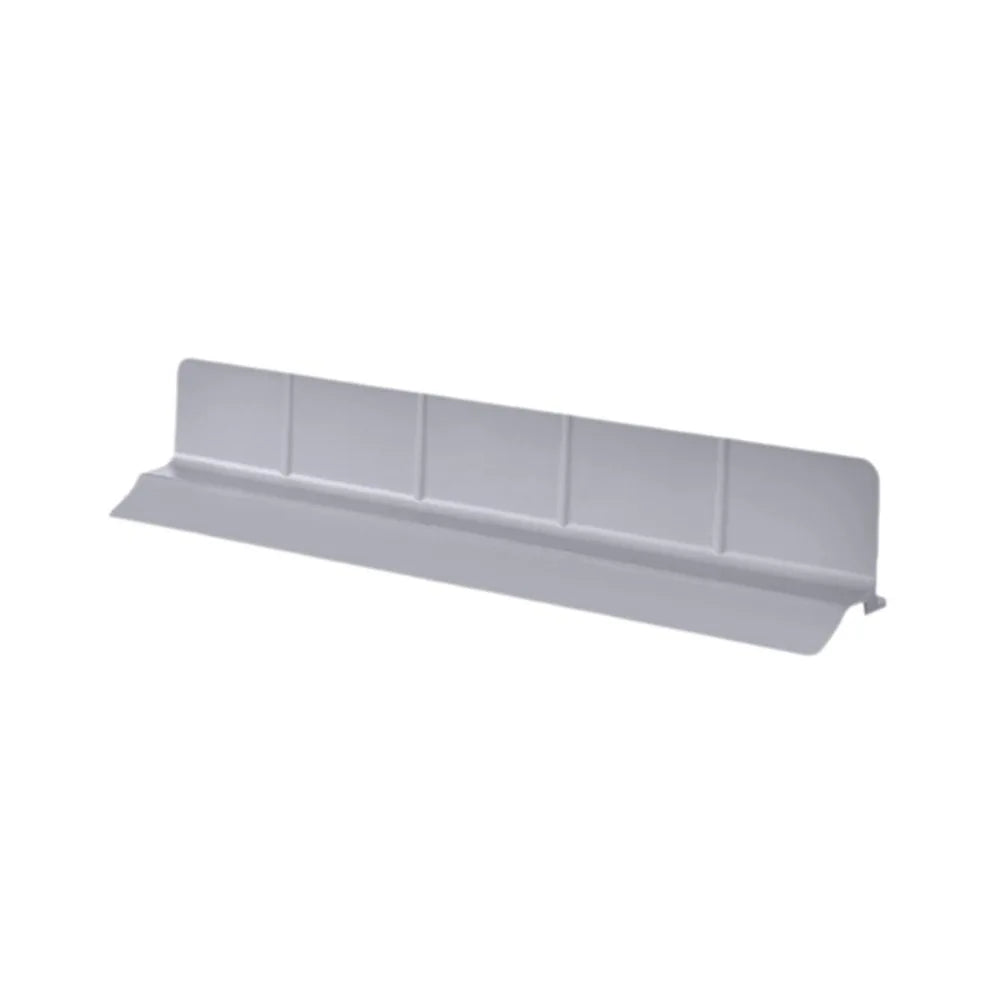 A silver flexible silicone sink splash guard with suction cups.