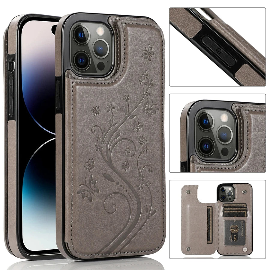 Butterfly Embossed Leather Wallet Case with Magnetic Flip Closure