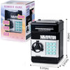 A black electronic password piggy bank with a keypad and bill feeder is shown next to its packaging.