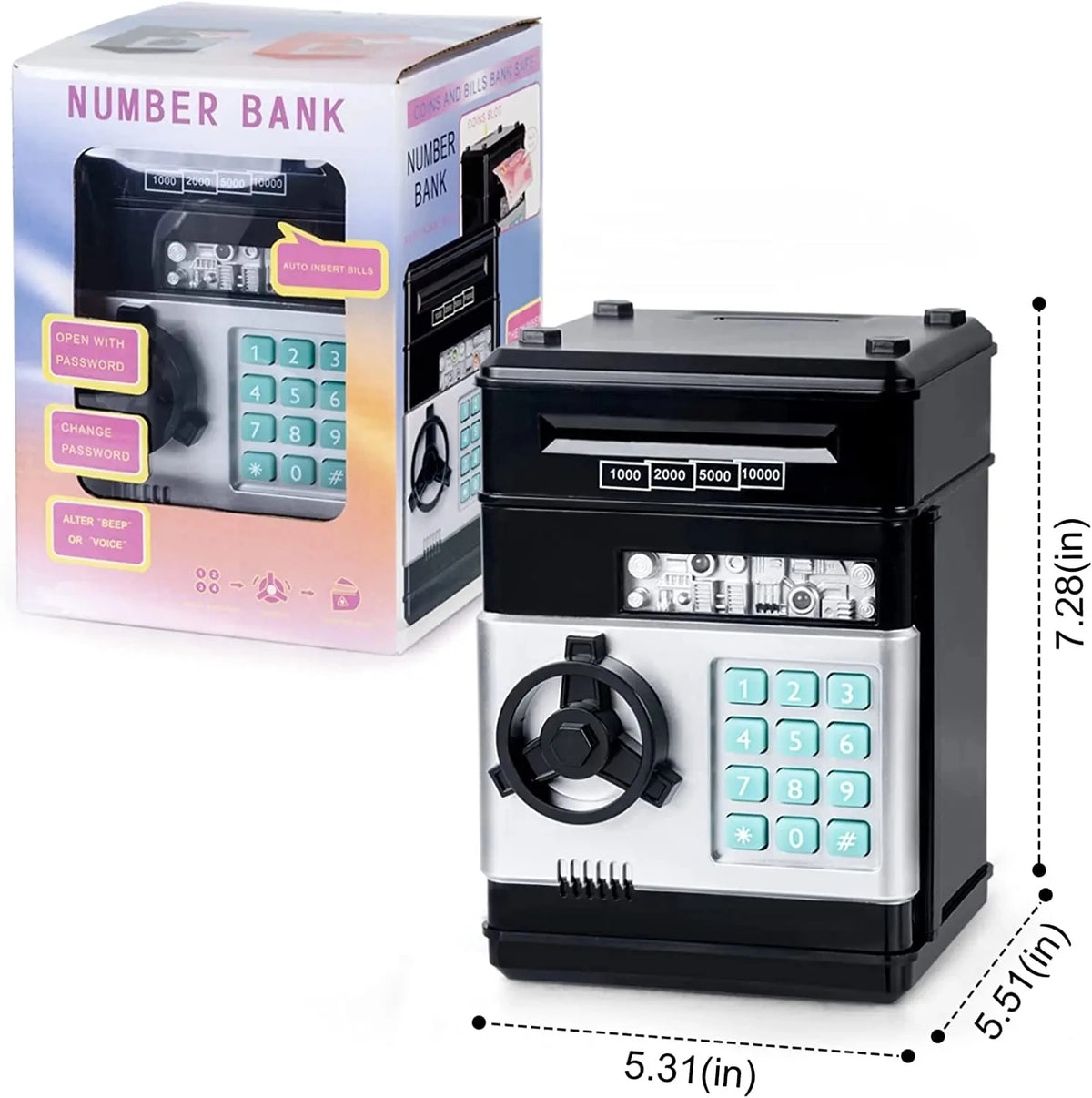 A black electronic password piggy bank with a keypad and bill feeder is shown next to its packaging.