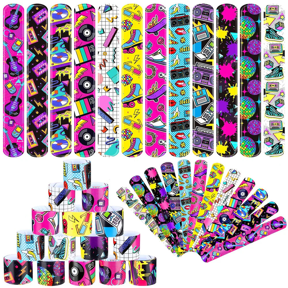 A collection of twelve colorful slap bracelets featuring retro 80s and 90s designs in various neon and bright colors.