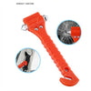 Orange emergency escape hammer tool with a seatbelt cutter and various tools shown in detail.