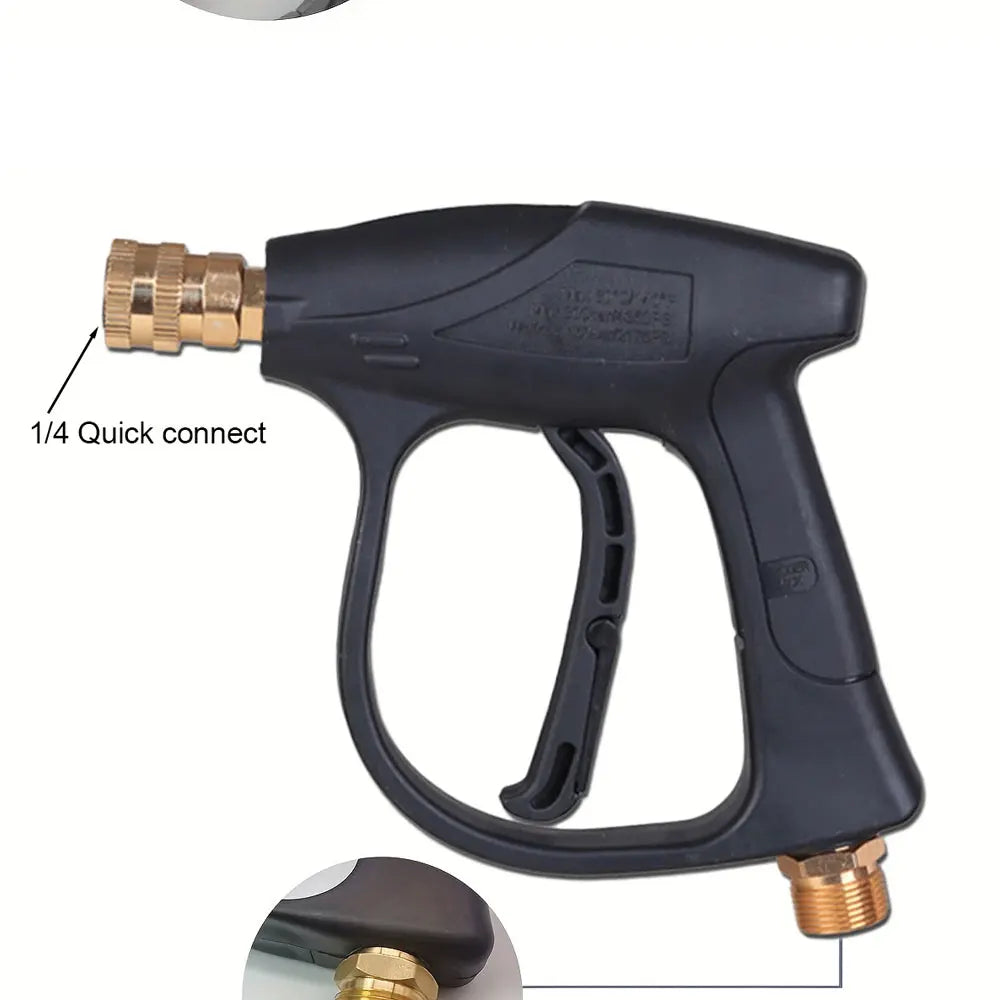 A black high pressure washer gun with a 1/4 quick connect nozzle and a handheld grip.