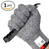 A pair of gray cut-resistant work gloves showing a fist grip and the CE mark.