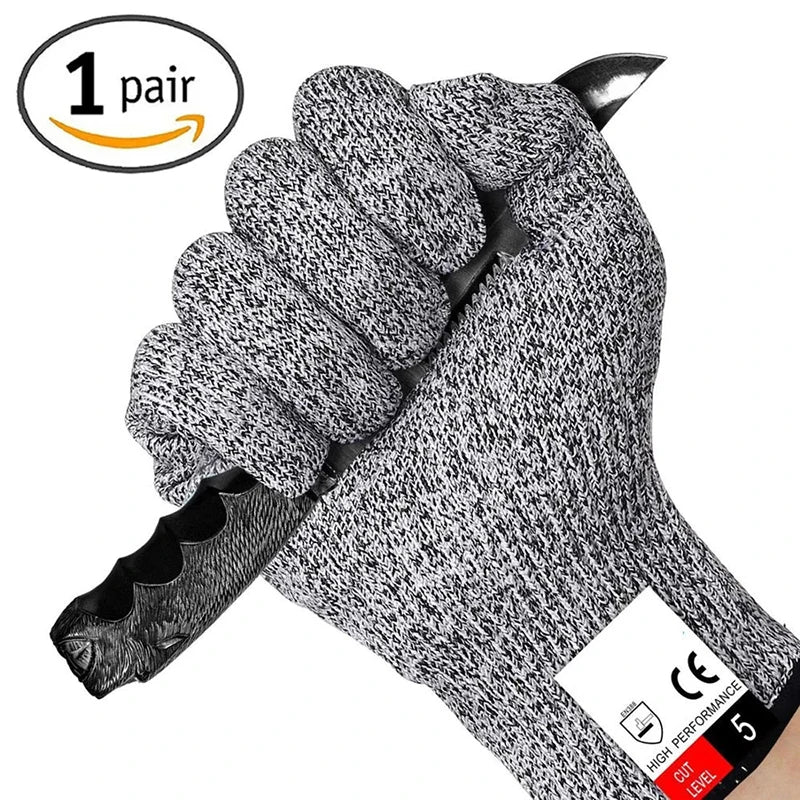 A pair of gray cut-resistant work gloves showing a fist grip and the CE mark.