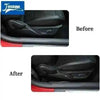 Before and after comparison of carbon fiber grain decorative trim kit installation in a Ford Mustang interior