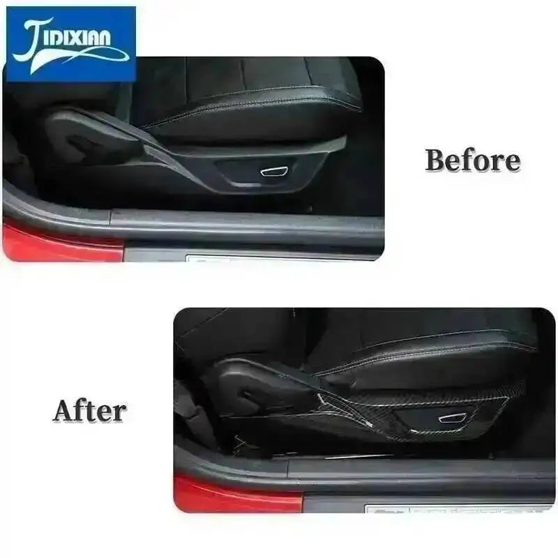 Before and after comparison of carbon fiber grain decorative trim kit installation in a Ford Mustang interior
