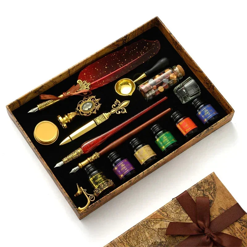 A vintage calligraphy fountain pen set with wax seal stamp kit displayed in a wooden box.