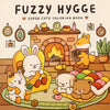 A colorful illustration of cute animal friends sitting around a fireplace, used as cover art for a fuzzy hygge coloring book.