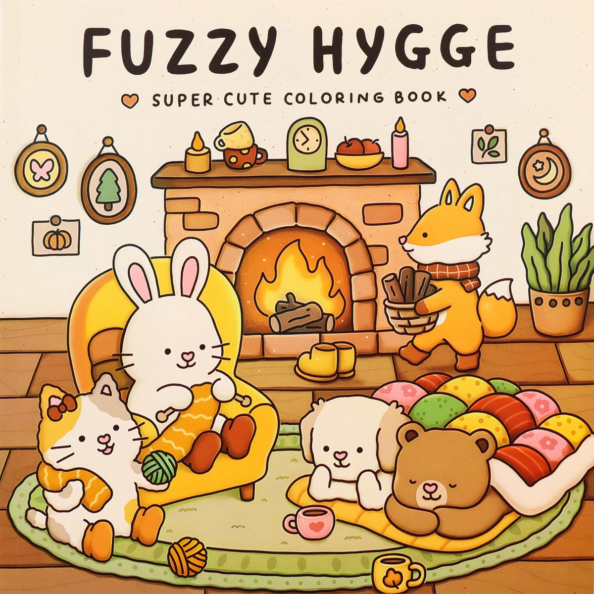 A colorful illustration of cute animal friends sitting around a fireplace, used as cover art for a fuzzy hygge coloring book.