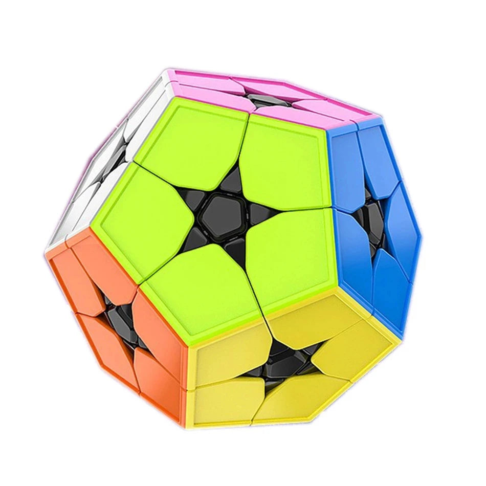 A colorful speed cube with hexagonal faces in pink, lime green, blue, and orange.