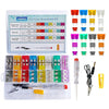 A kit containing 208 car fuses of various sizes, a puller, and a circuit tester tool.