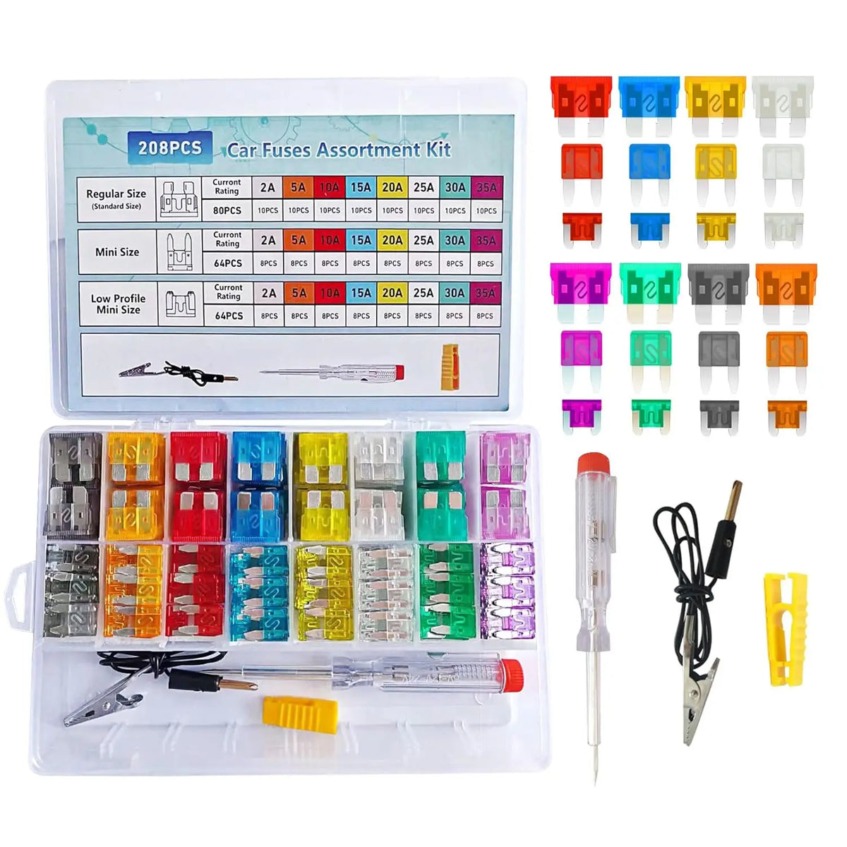 A kit containing 208 car fuses of various sizes, a puller, and a circuit tester tool.