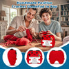 A handmade red crochet game controller decoration is shown next to a young man and boy.