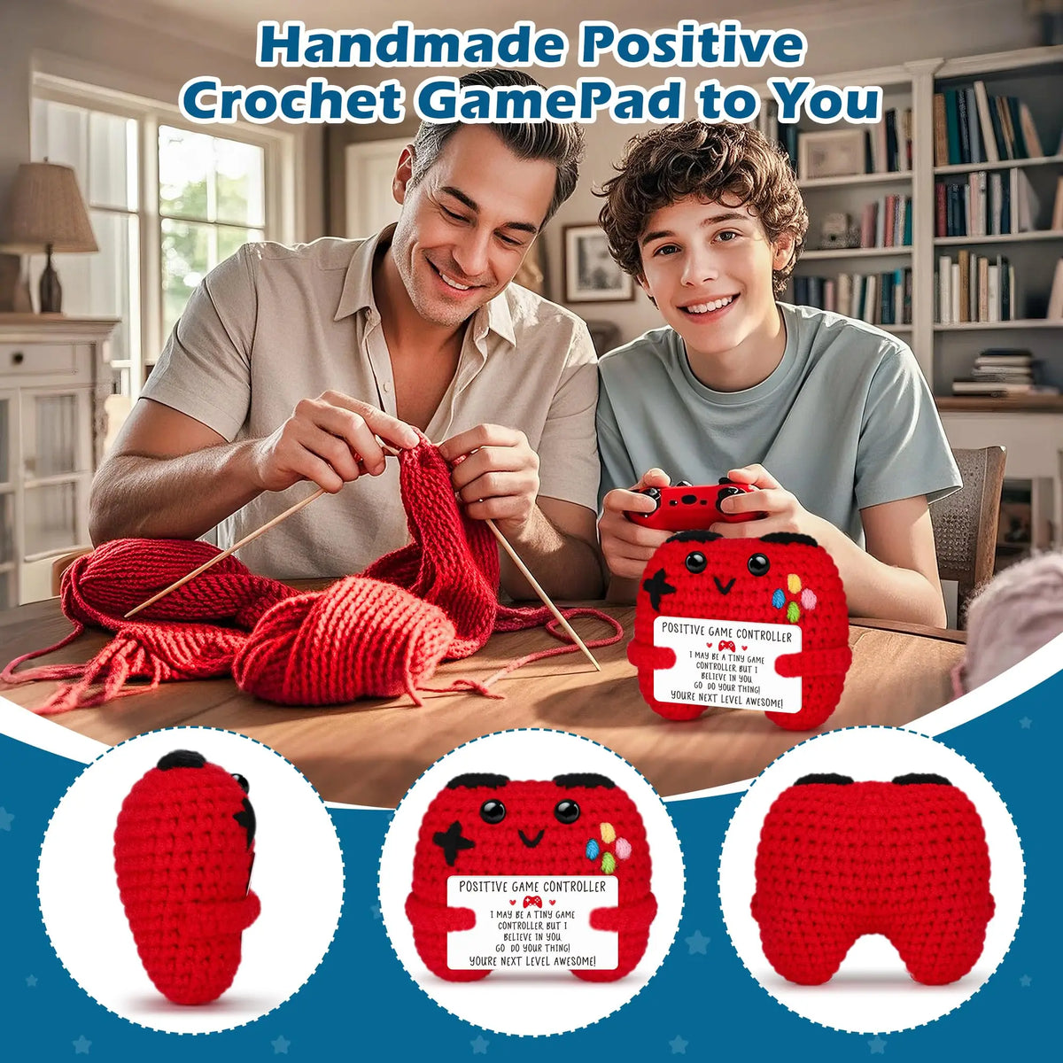 A handmade red crochet game controller decoration is shown next to a young man and boy.