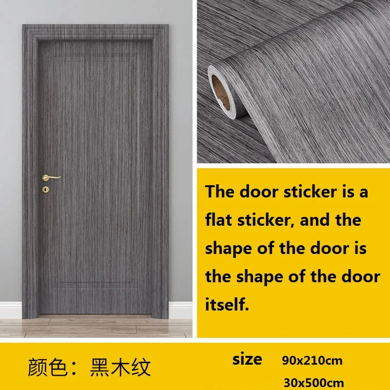 A vertical gray wood grain door featuring a self-adhesive sticker design.