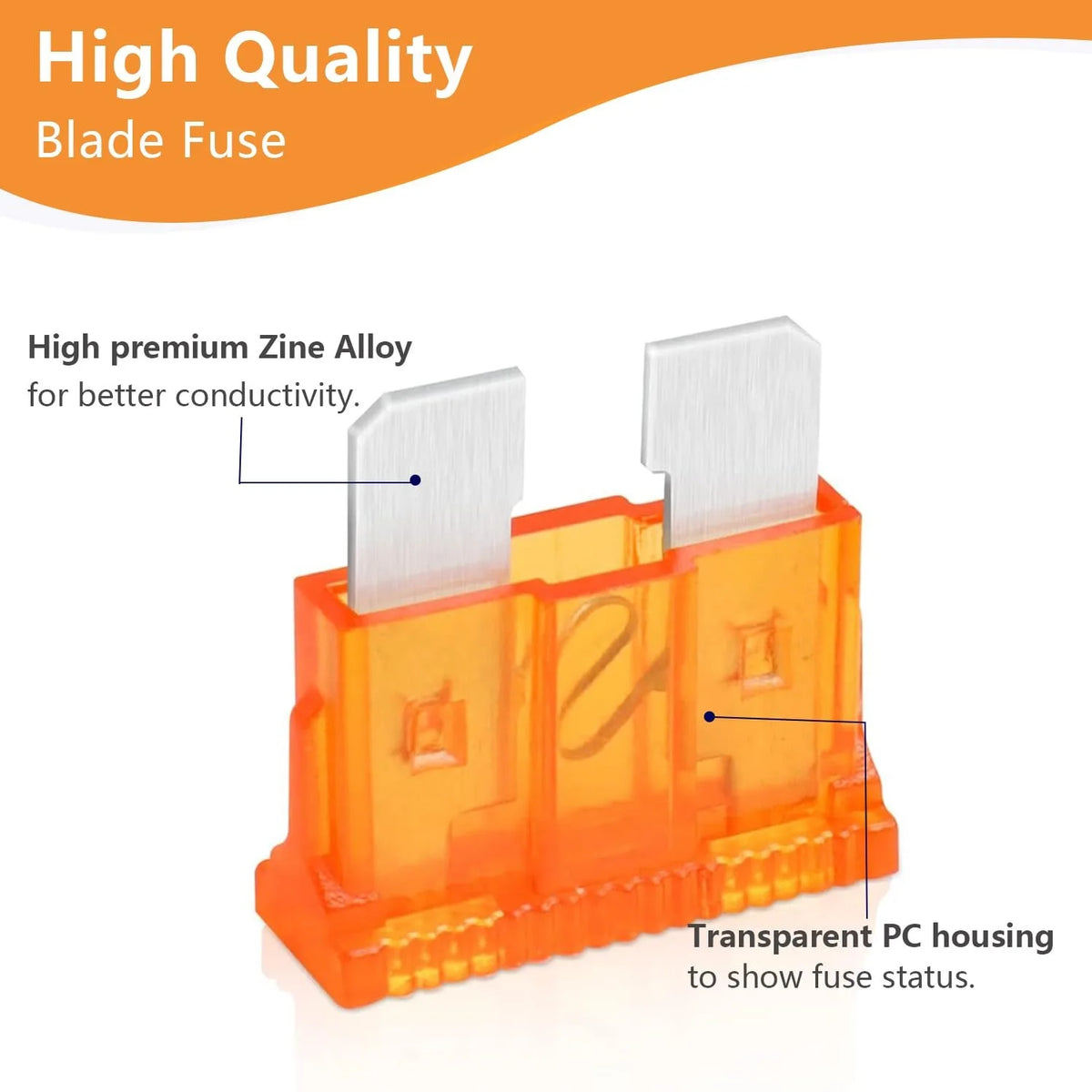 Orange transparent PC housing for a high quality blade fuse made of premium zinc alloy.