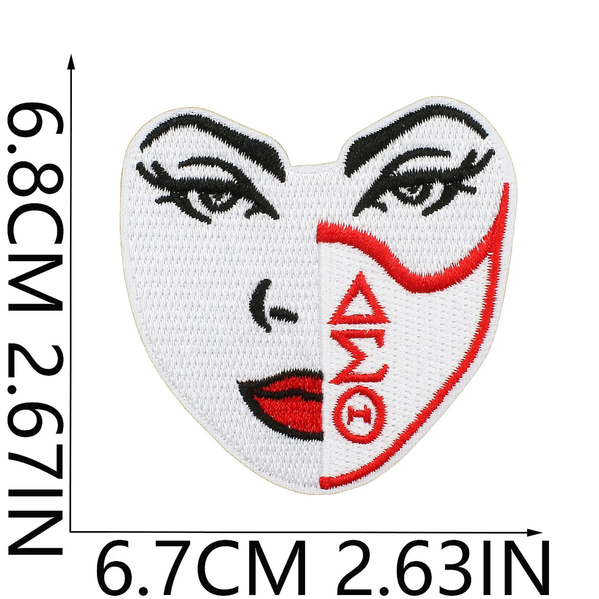 White embroidered patch featuring a stylized female face with red eye makeup and the Delta Sigma Theta symbol.