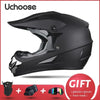 Black Uchoose DOT-certified full-face off-road helmet shown with accessories like glasses and gloves