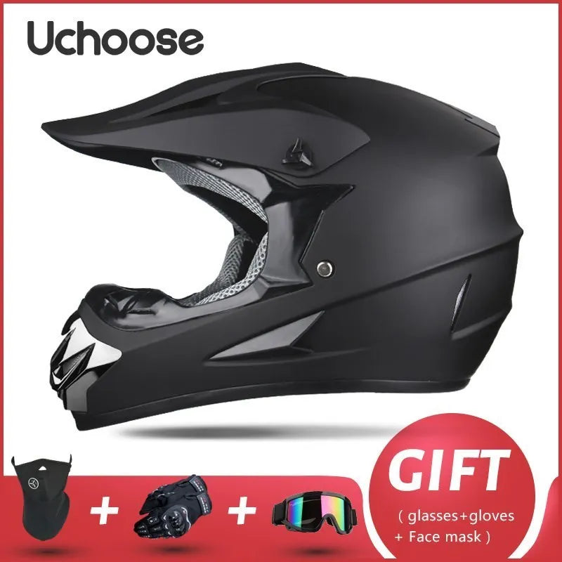 Black Uchoose DOT-certified full-face off-road helmet shown with accessories like glasses and gloves