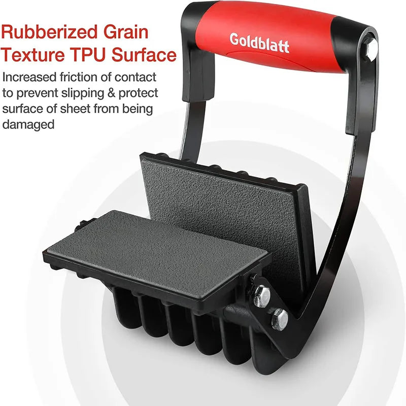 A black panel carrier tool with a red handle and a rubberized grain texture TPU surface for protecting sheet material.