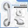 A white shower handle with a gray finish is shown, highlighting its sturdy design and suction cups for bathroom safety.