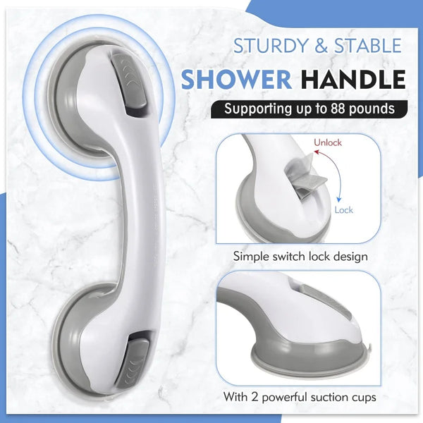 A white shower handle with a gray finish is shown, highlighting its sturdy design and suction cups for bathroom safety.