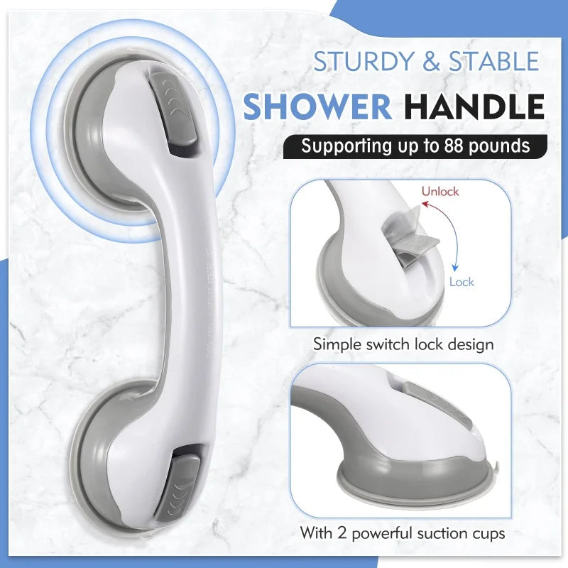 A white shower handle with a gray finish is shown, highlighting its sturdy design and suction cups for bathroom safety.