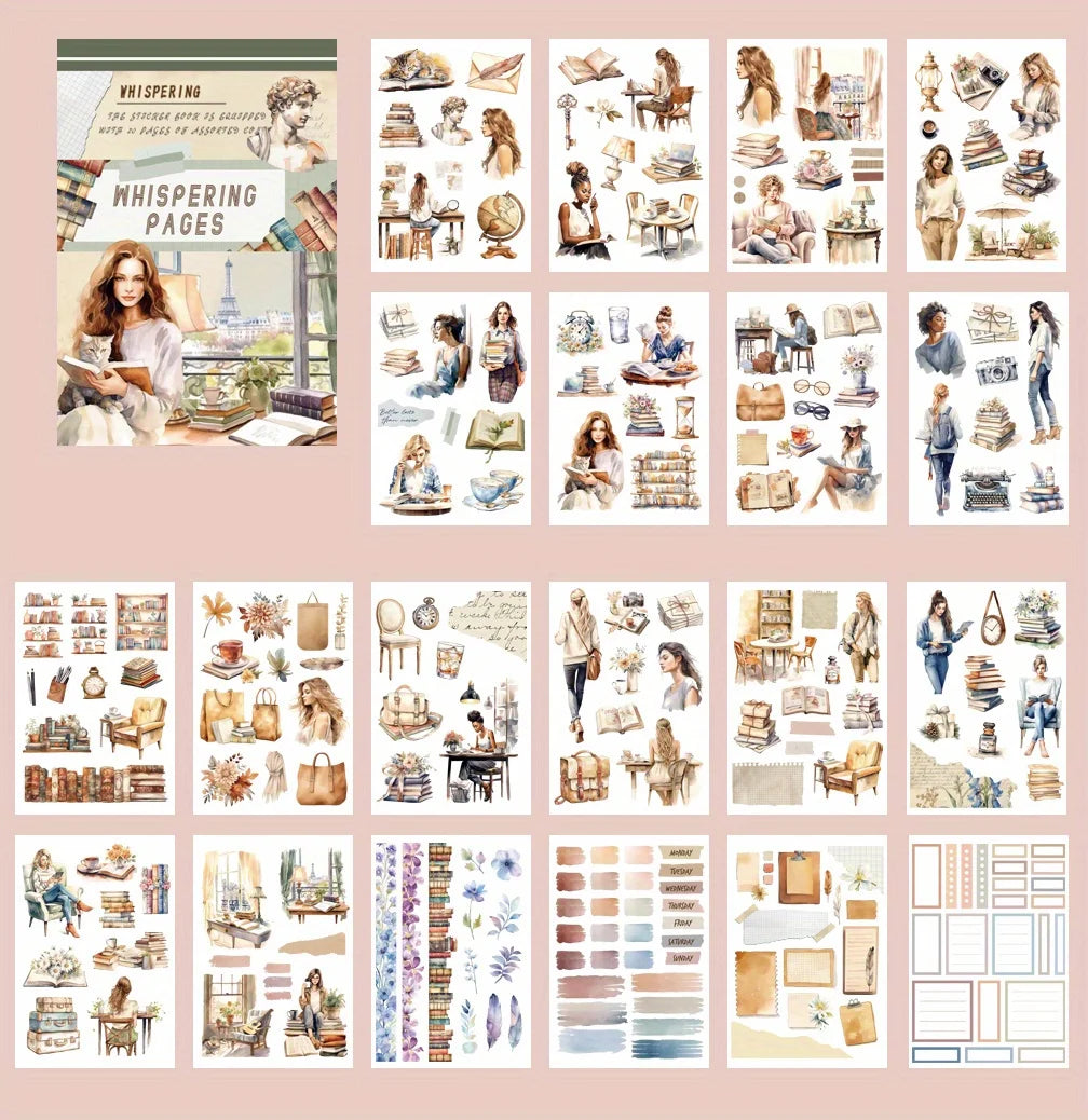 A collection of watercolor and sketch illustrations featuring various themes, objects, and figures for an aesthetic sticker b