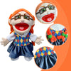 A soft plush hand puppet of a zombie boy with orange hair, glasses, and blue clothing, shown with close-up details.