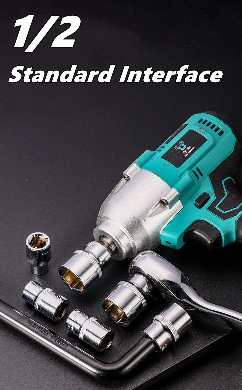 A set of chromium-vanadium steel sockets and wrenches for a 1/2 standard interface drive.