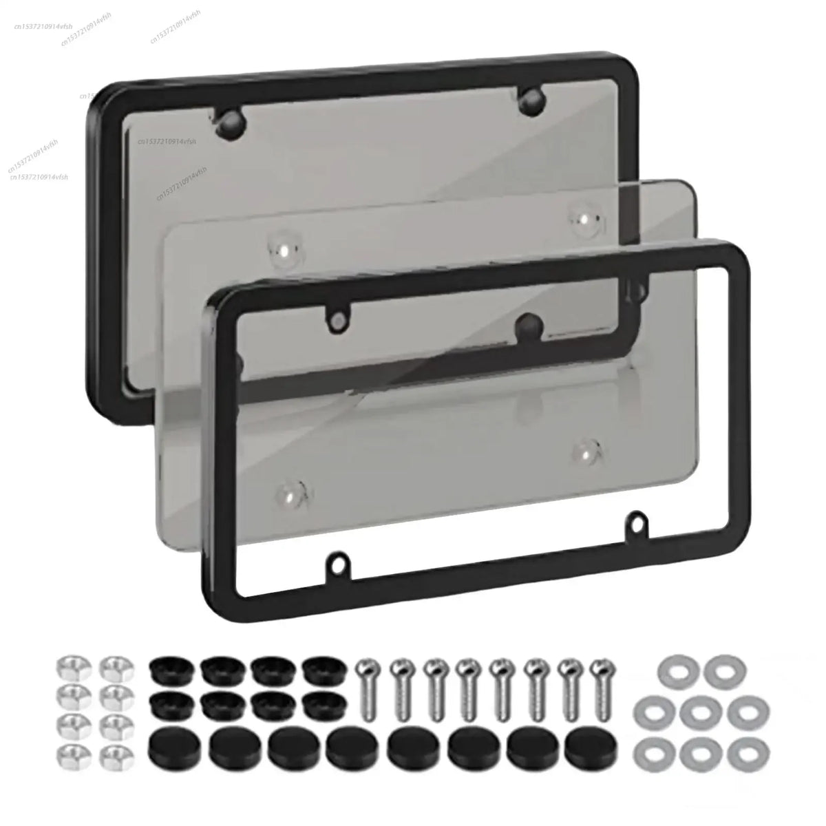 A set of tinted license plate protectors and mounting hardware for vehicle plates.