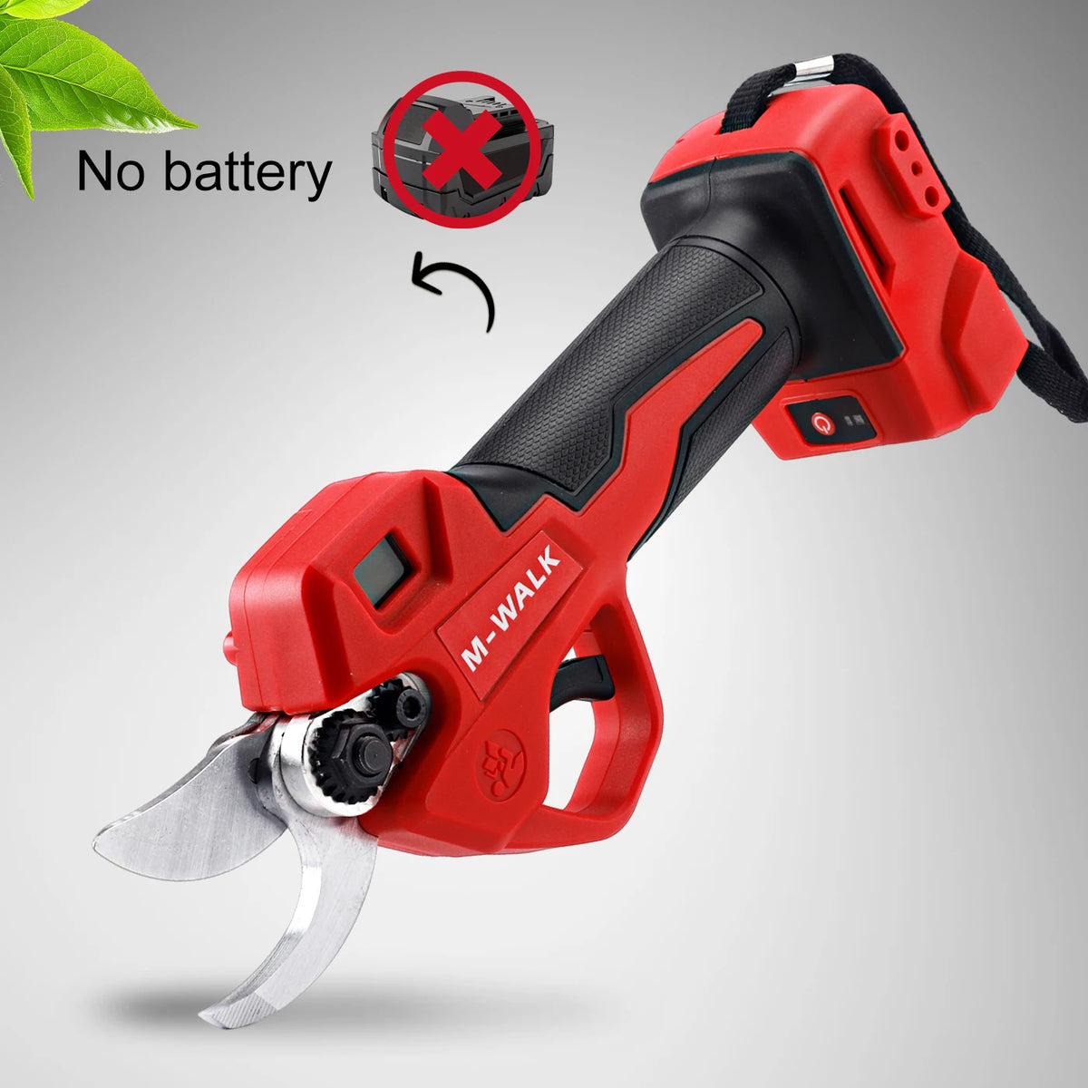 Red M-Walk pruning shears with a blade visible, shown against a gray background with a 'no battery' warning.