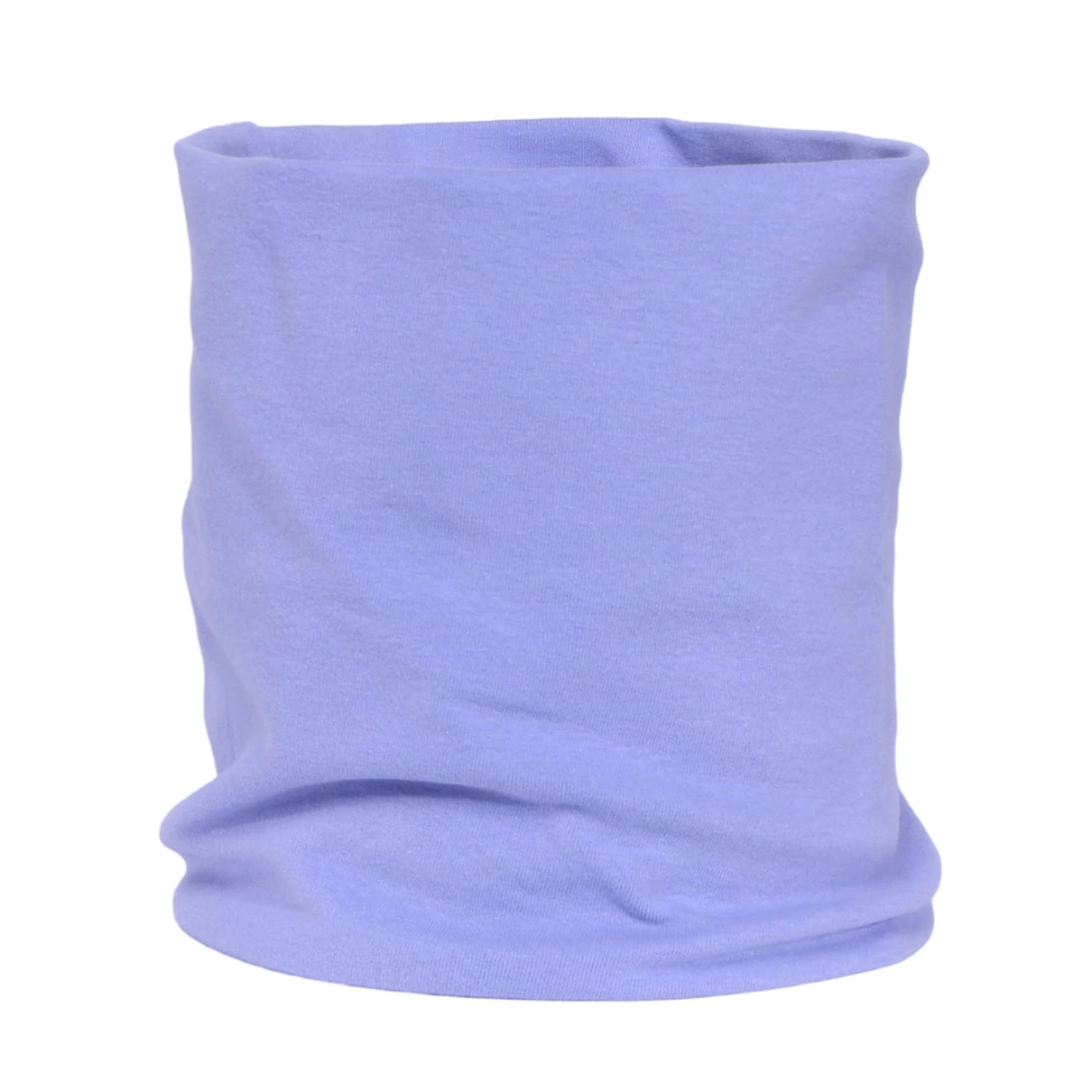 A light purple, knitted neck warmer or scarf is shown rolled up.