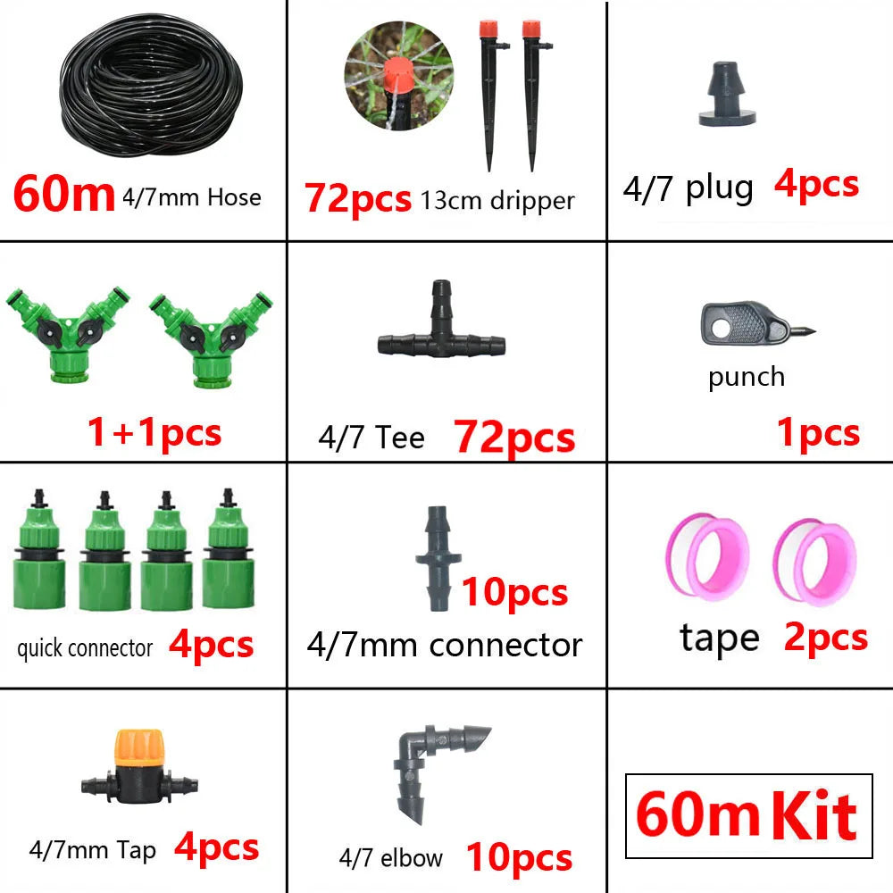 DIY drip irrigation kit components including hoses, drippers, plugs, connectors, and taps