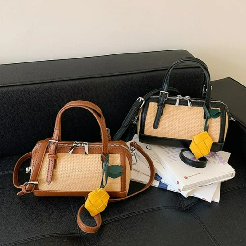 Woven PU Crossbody Bucket Bag
