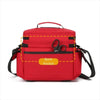 A red waterproof double-layer trauma and first aid bag with black straps and a visible back pocket.