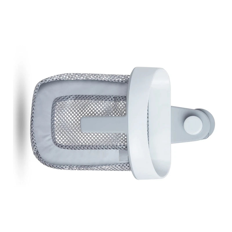 A white hanging bath toy storage bag with a quick-dry mesh and a clip.