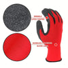 A pair of red work gloves with black palms and fingers, showing the latex-coated and seamless polyester glove liner.