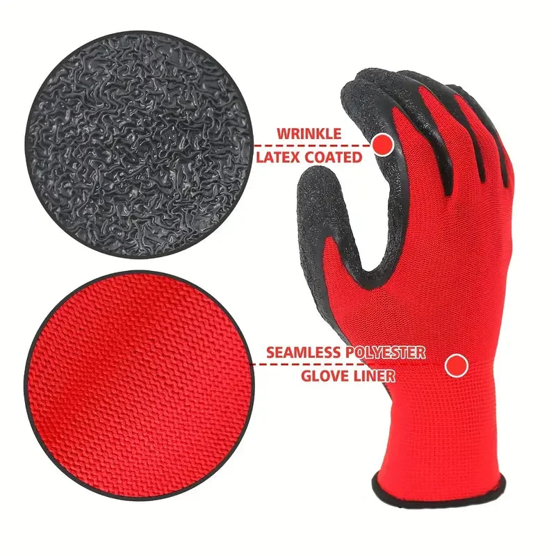 A pair of red work gloves with black palms and fingers, showing the latex-coated and seamless polyester glove liner.