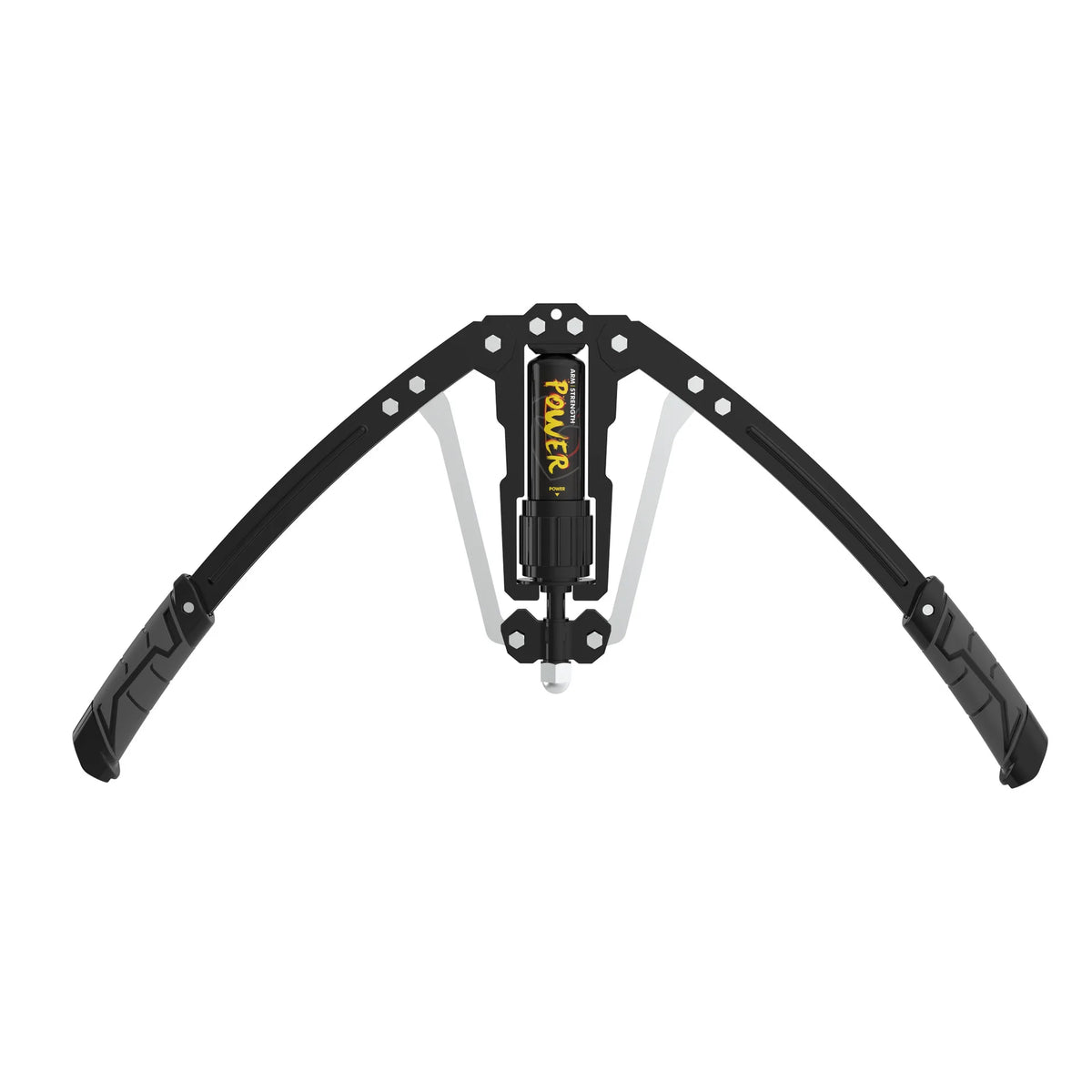 Entrenador hidráulico ajustable negro con brazo de fuerza central y dos brazos blancos.