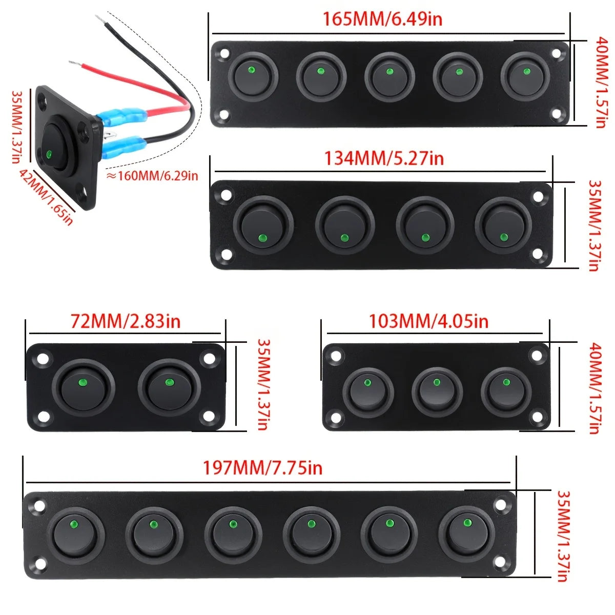 Various sizes of circular joystick switch panels with LED toggle switches shown in different dimensions.
