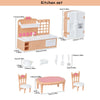 A kitchen set dollhouse furniture featuring a pink and white wooden playhouse, counter, and chairs.
