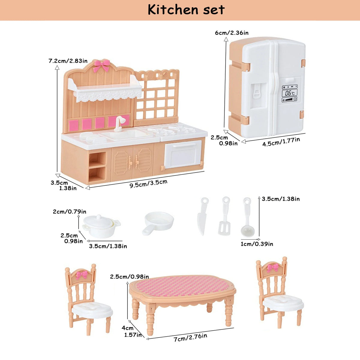 A kitchen set dollhouse furniture featuring a pink and white wooden playhouse, counter, and chairs.