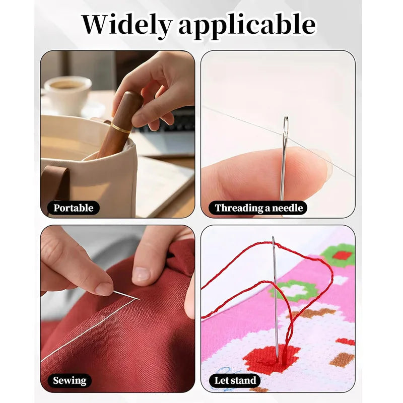 Close-up images showing a portable self-threading sewing needle being used for various tasks like threading, sewing fabric, a