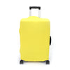 Yellow elastic travel luggage cover for a suitcase with a black handle and wheels.
