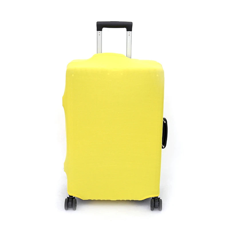 Yellow elastic travel luggage cover for a suitcase with a black handle and wheels.