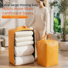 A woman stands next to an extra-large yellow waterproof moving bag, demonstrating its storage capacity for cardboard boxes an