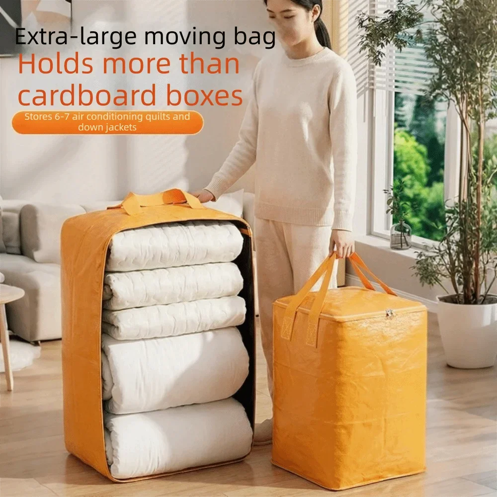 A woman stands next to an extra-large yellow waterproof moving bag, demonstrating its storage capacity for cardboard boxes an