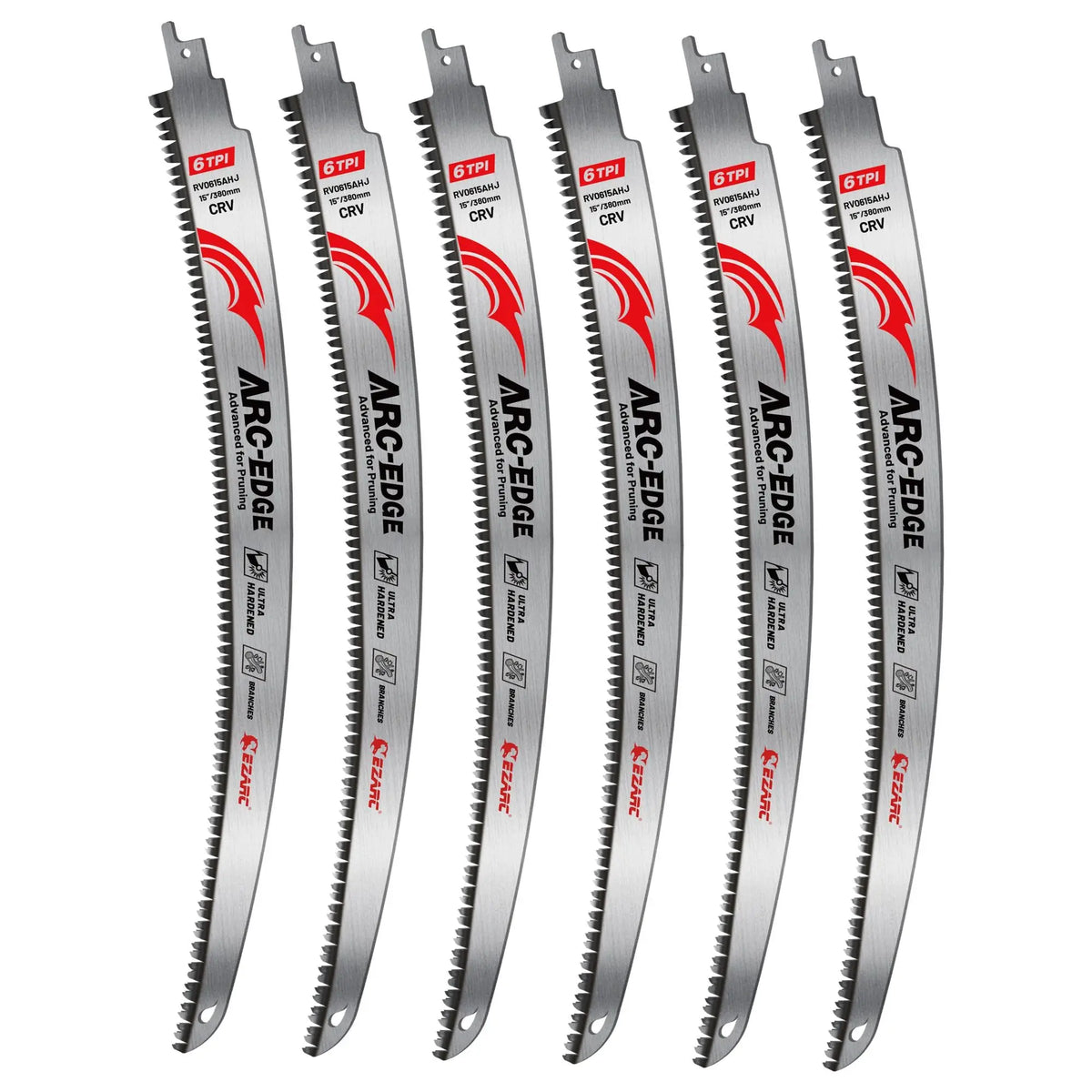 A set of six 15-inch ARC-EDGE tooth reciprocating saw blades made from CRV steel.